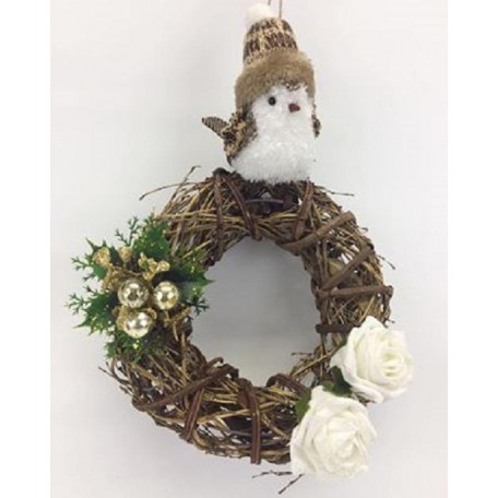 Small Natural Twiggy Wreath with Glitter White Flowers and a Cute Bird Wearing Woolly Hat